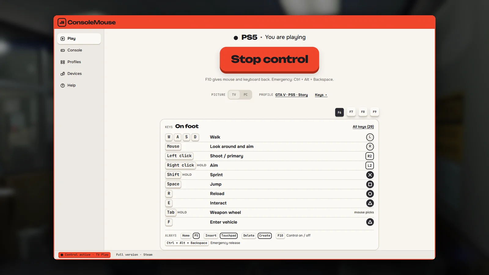 The ConsoleMouse app while playing: a Stop control button and the current on-foot key mappings of the GTA V profile.