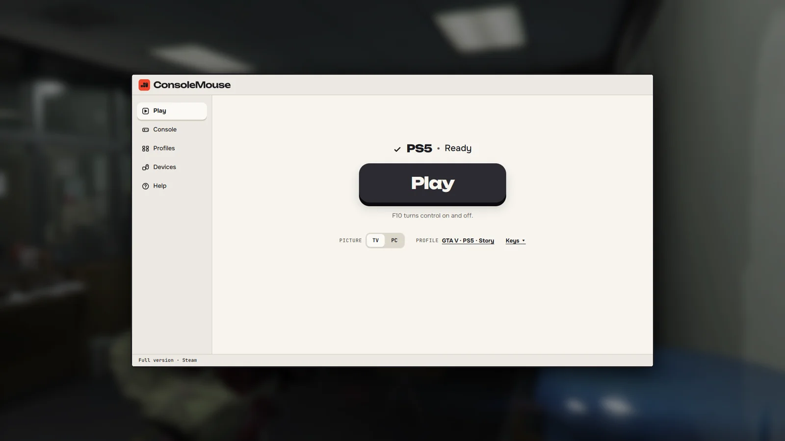 The ConsoleMouse window: PS5 ready, a large Play button, the picture set to TV, profile GTA V.